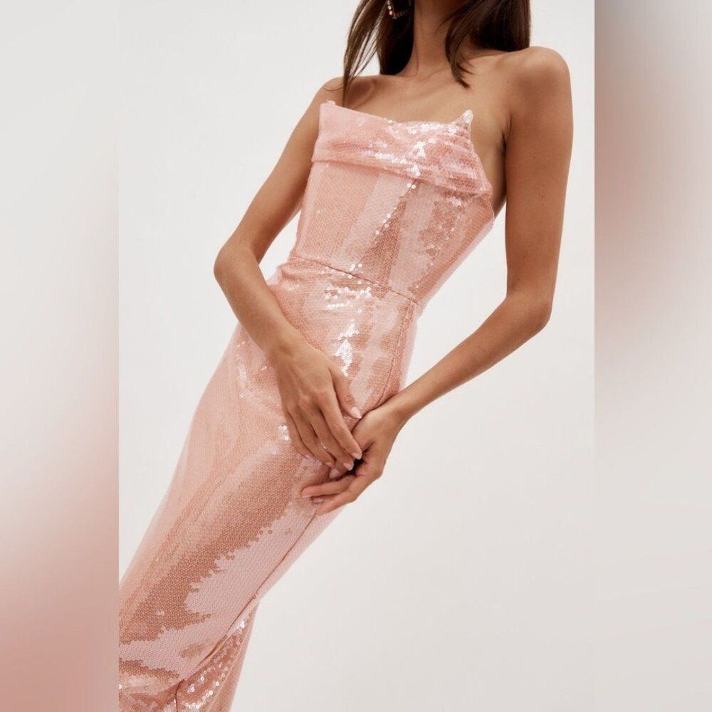 NWOT ALEX PERRY SEQUIN CURVED STRAPLESS DRAPE PEACH DRESS - Picture 2 of 12